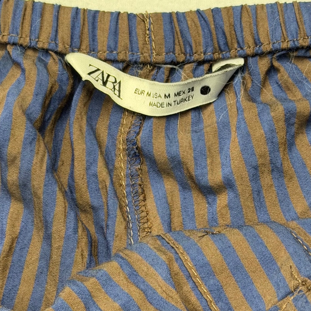 Zara Wide Leg Striped Pants Blue Brown Elastic Waist Drawstring Womens M - Picture 5 of 7